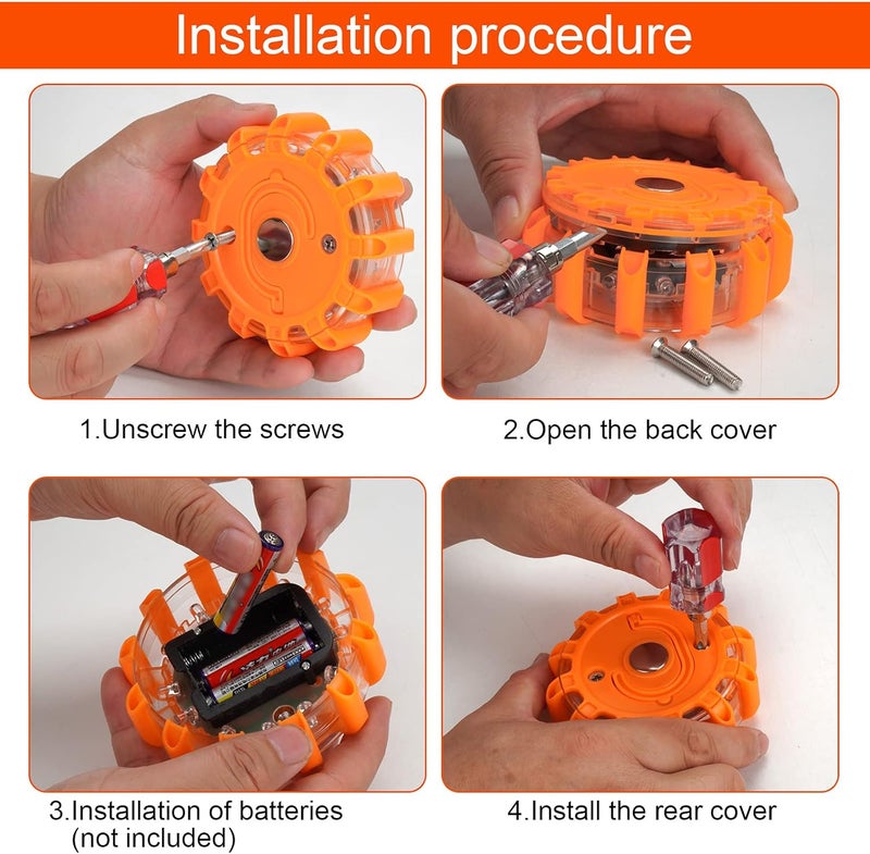 HEIGPAN GP906 LED Road Flares Safety Flashing Warning Lights Kit, Magnetic Base & Hook 9 Flash Modes, for Emergency Roadside Safety Warning 6 Pack (Batteries not Included) Orange - Image 5